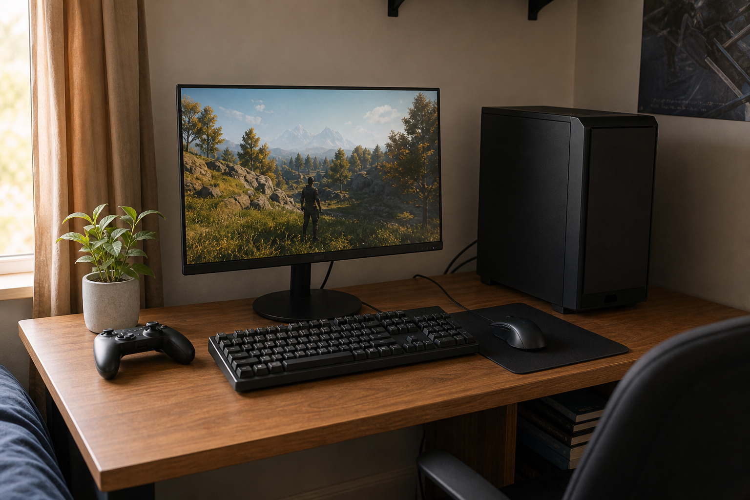 Clean budget 1080p gaming desk with modest tower and 24-inch monitor