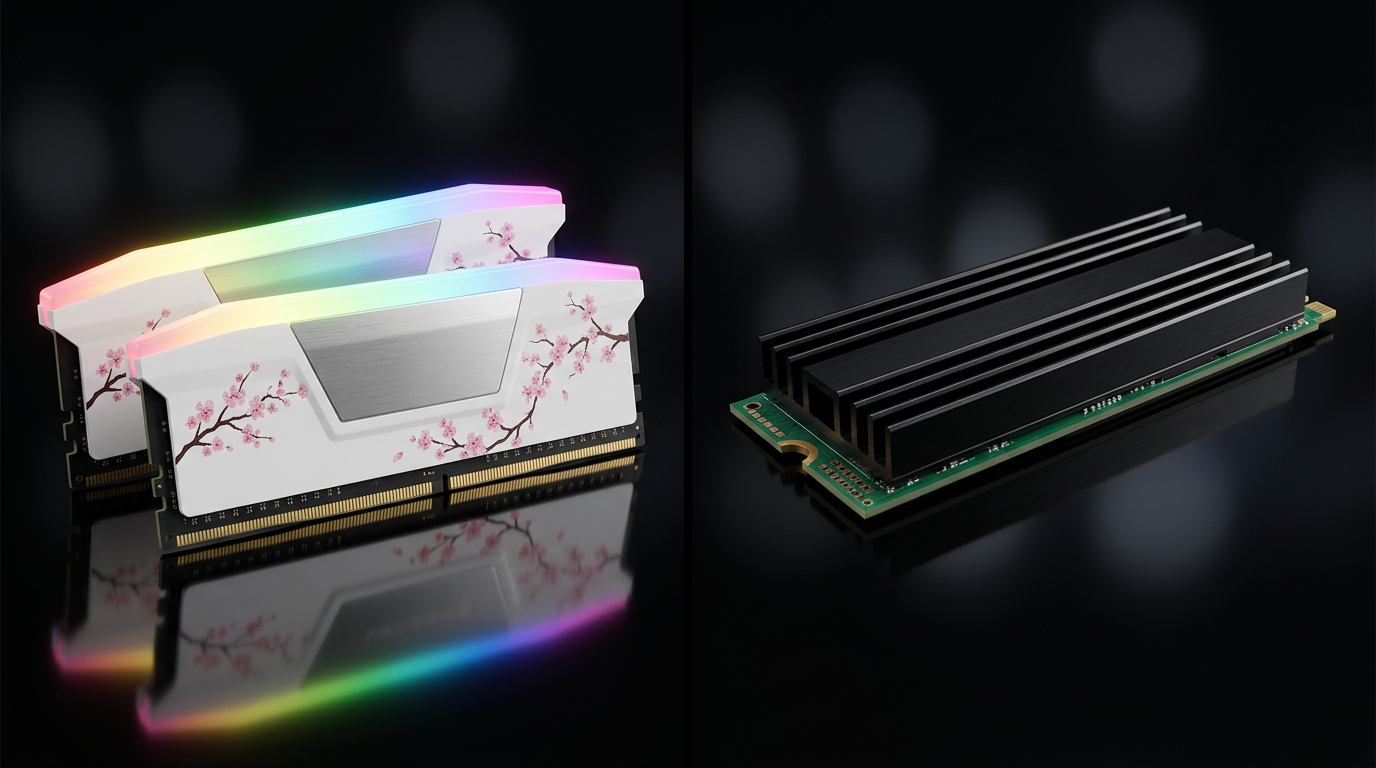 White DDR5 RAM with RGB and M.2 NVMe SSD with heatsink