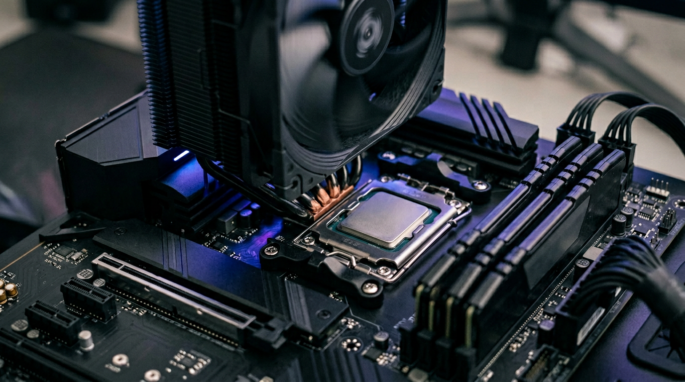 Desktop CPU on motherboard with tower cooler
