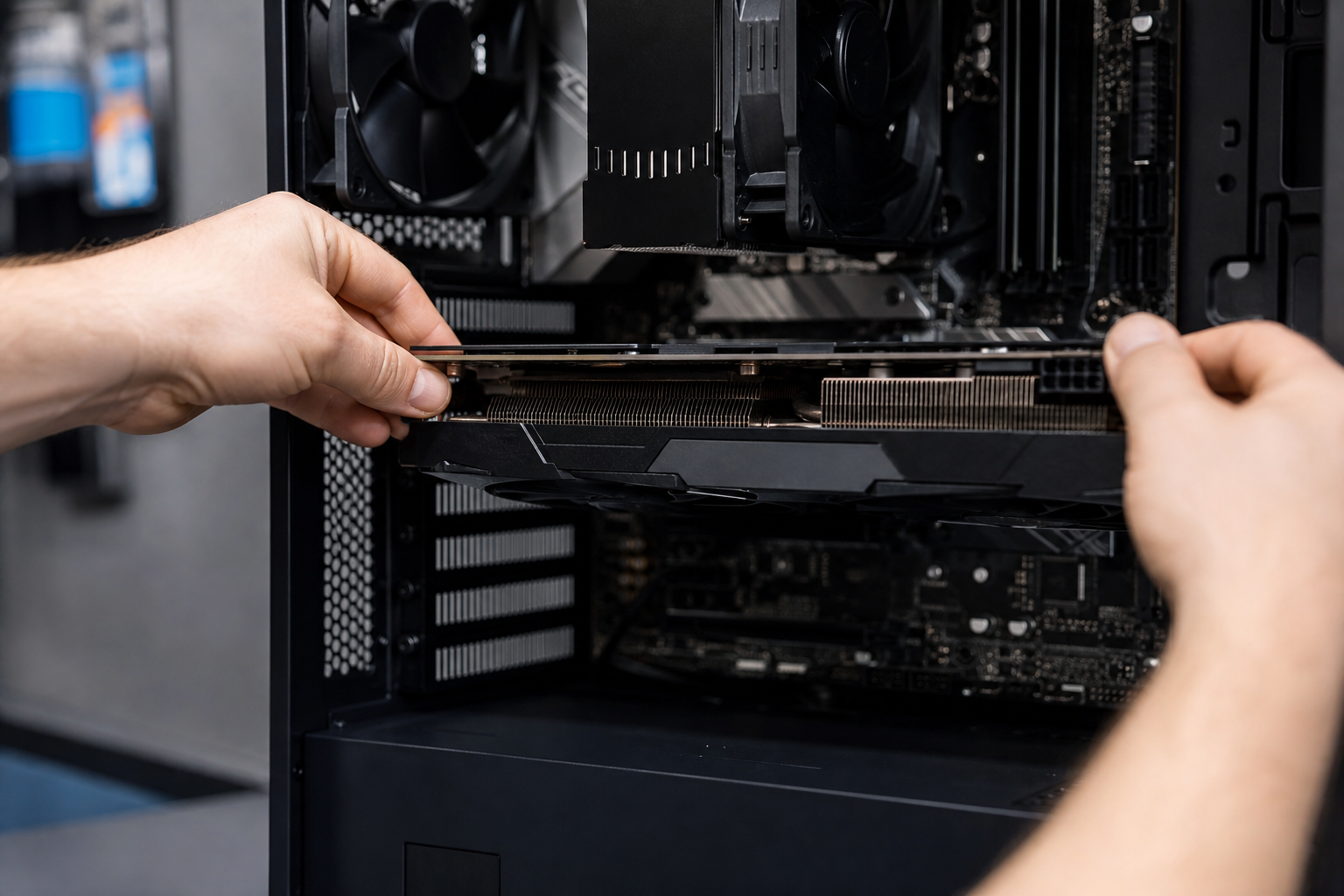 Hands installing a graphics card into a gaming PC motherboard