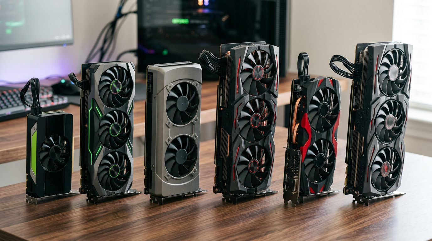 Mixed lineup of NVIDIA and AMD gaming graphics cards