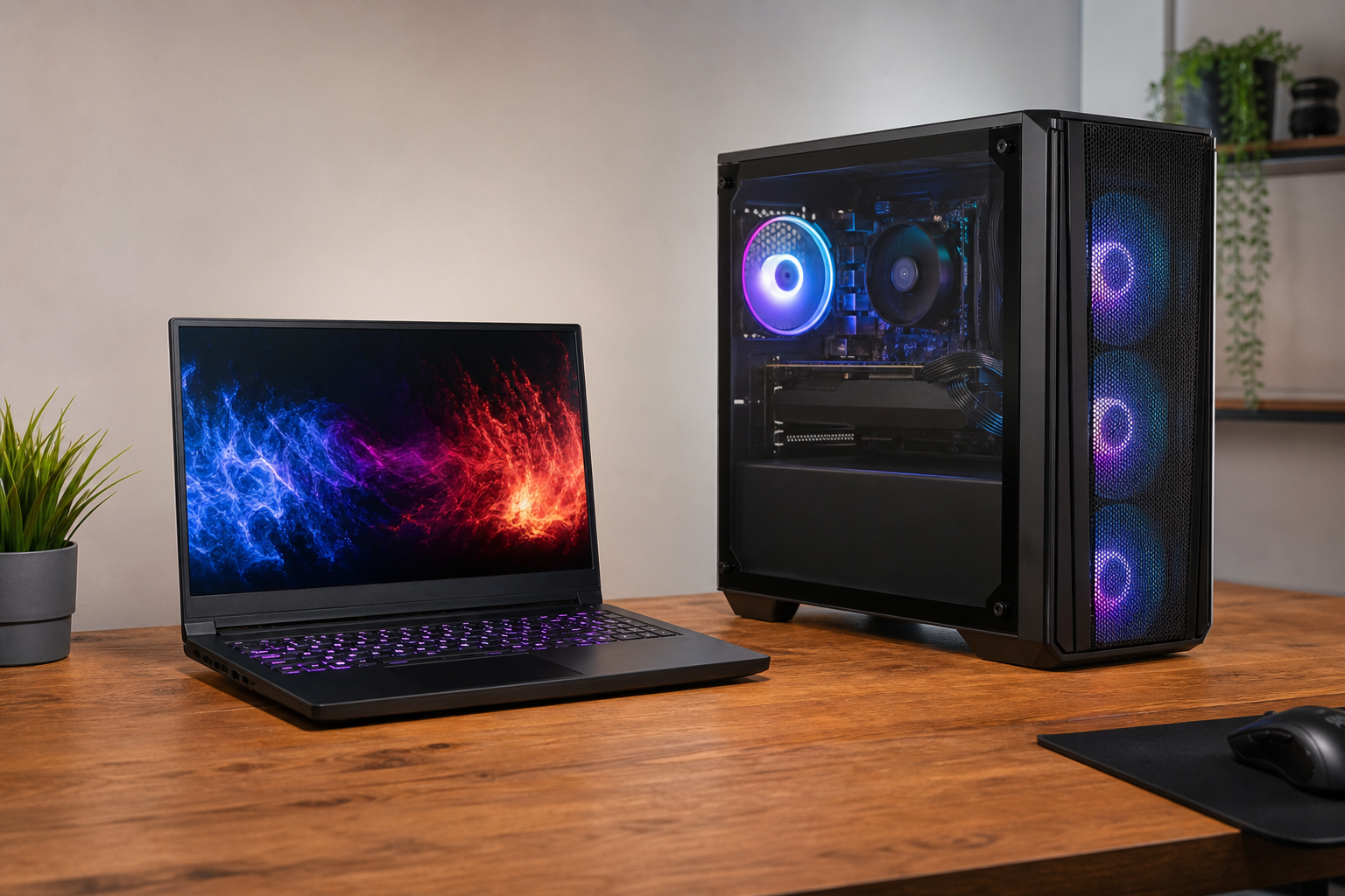 Gaming laptop and desktop tower side by side on a home office desk