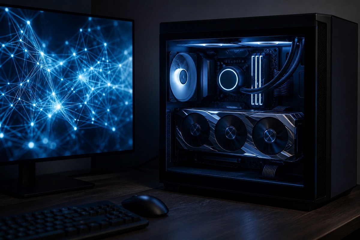Desktop PC with a high-VRAM graphics card next to a workstation monitor