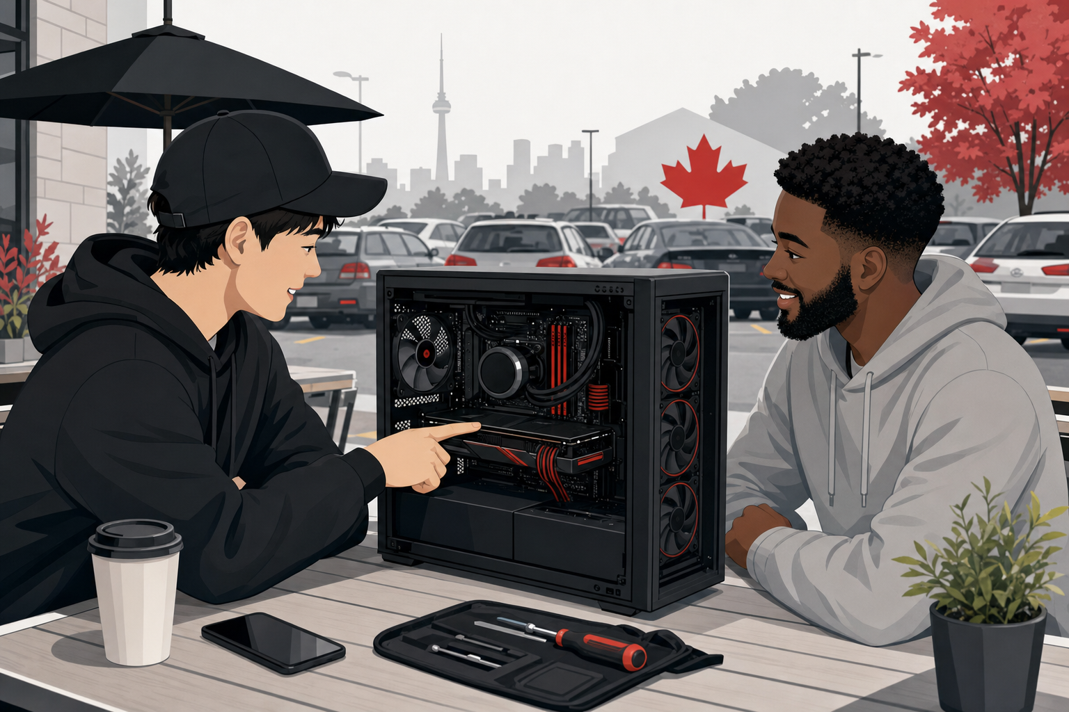Buyer and seller inspecting an open gaming PC at a public meetup in Ontario