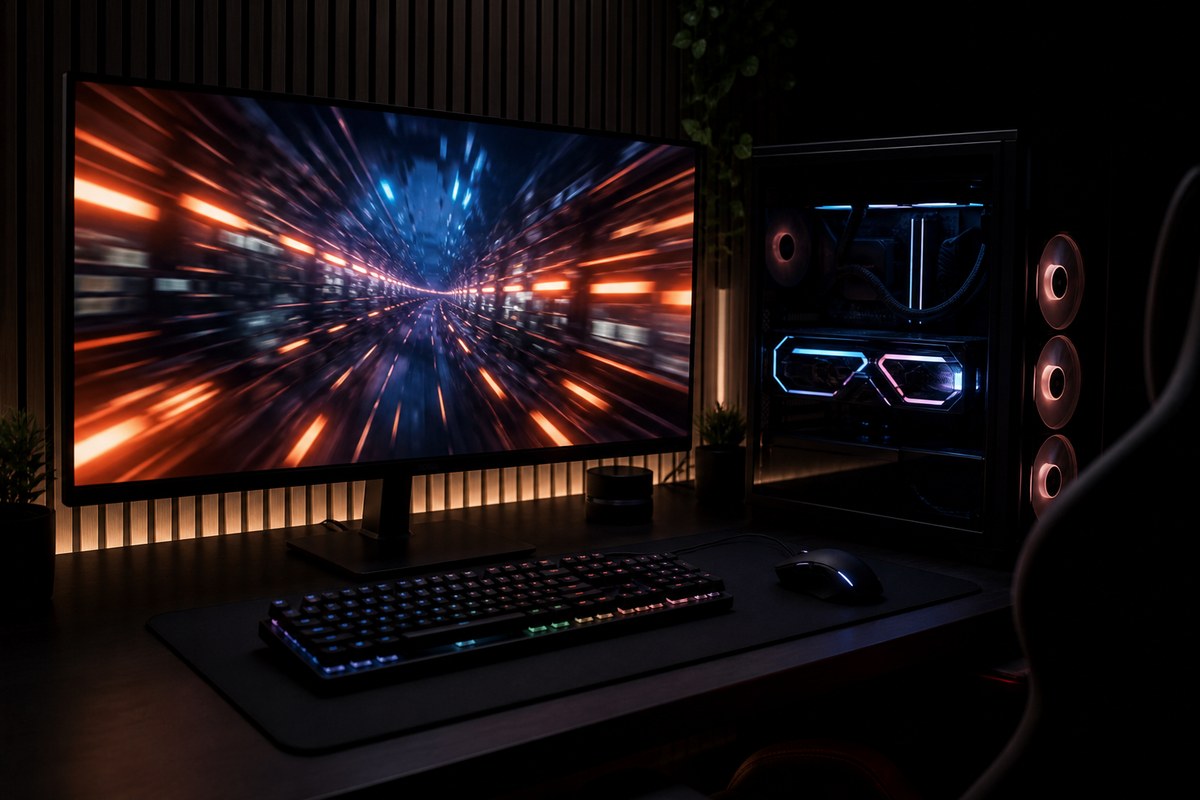 High-refresh gaming monitor beside a PC with a visible graphics card