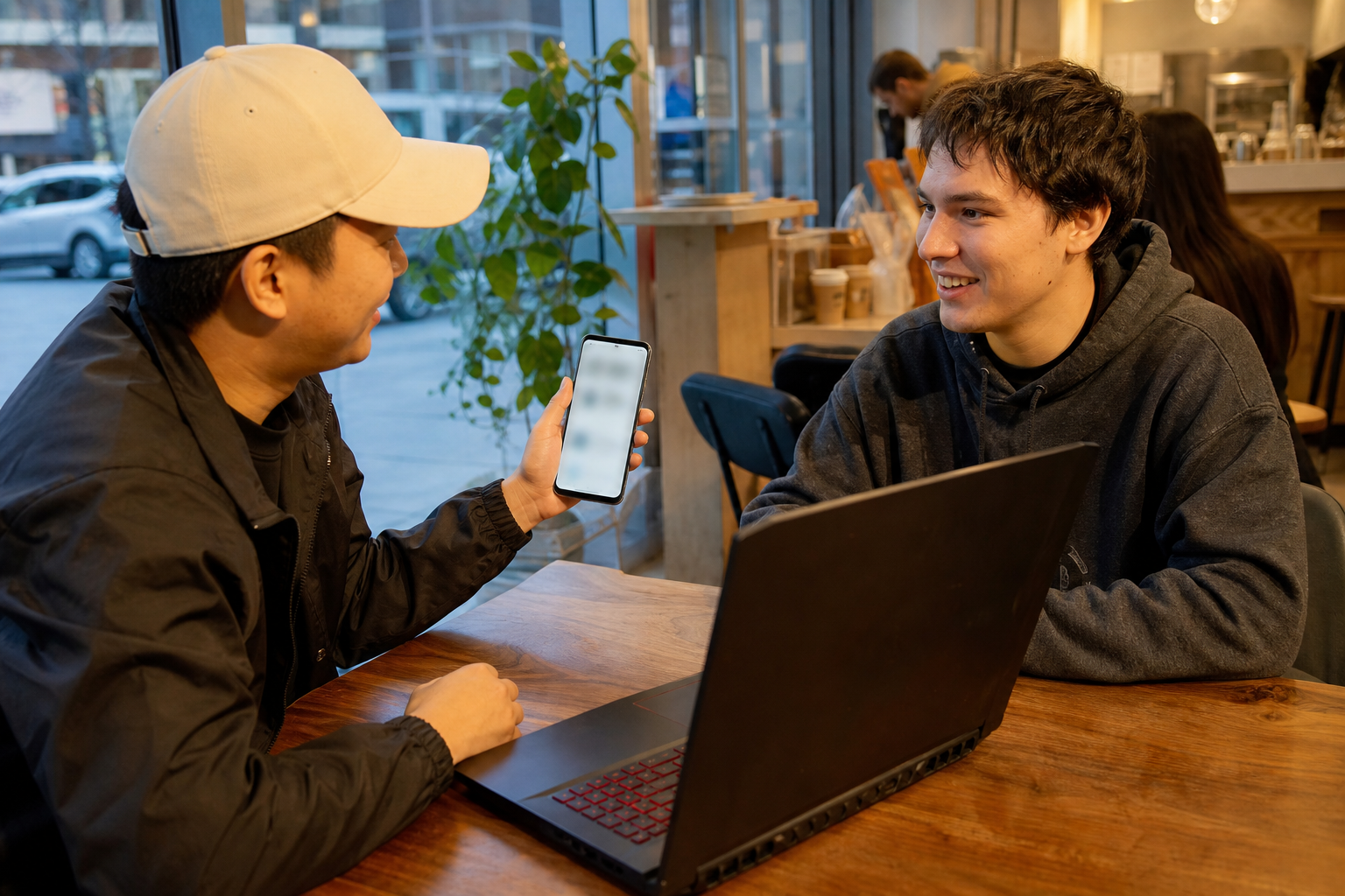 Two people completing a used PC sale at a cafe table with phone payment
