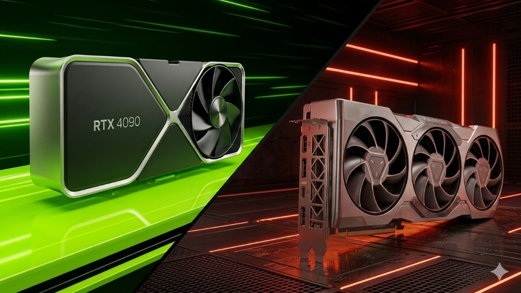 NVIDIA GeForce RTX and AMD Radeon graphics cards, green versus red diagonal layout