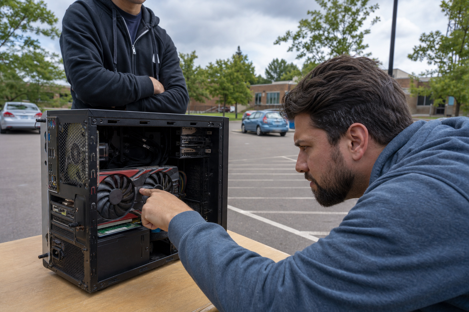 Buyer carefully inspecting an open gaming PC at an outdoor meetup