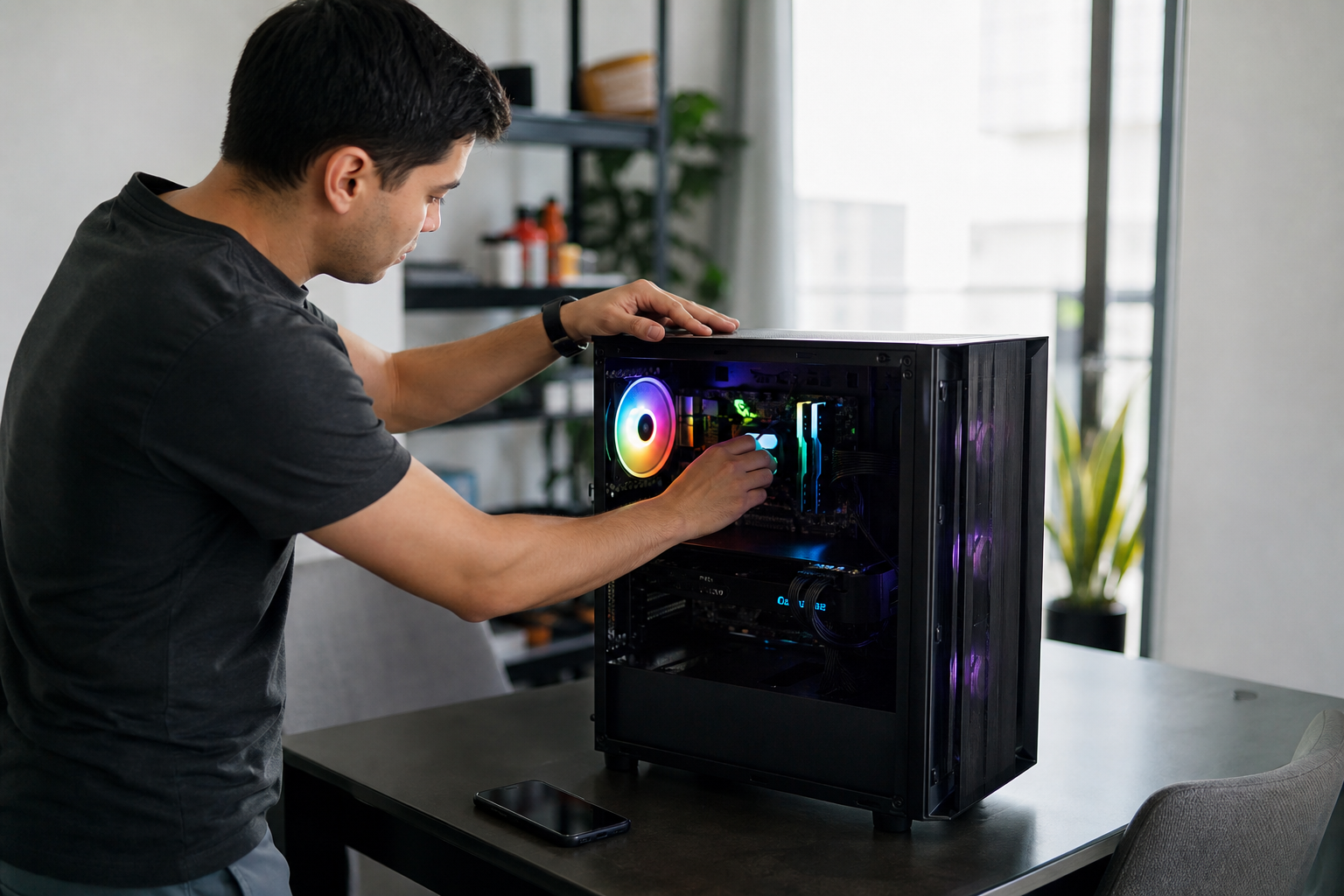 Gaming PC on a desk with side panel open, ready for sale photos in natural light