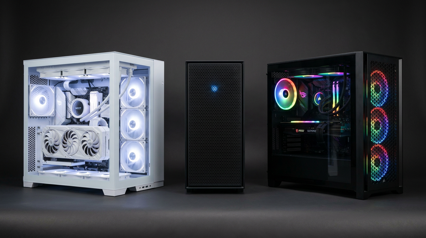 Custom, pre-built, and used PC towers side by side