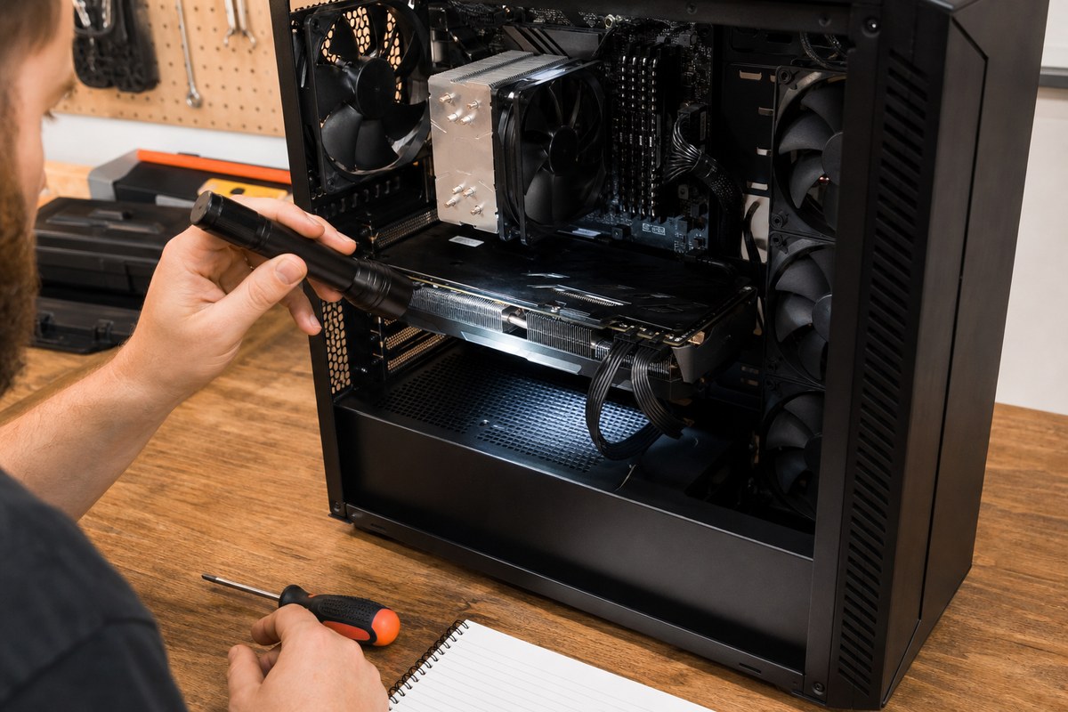 Technician inspecting a used gaming PC on a workbench